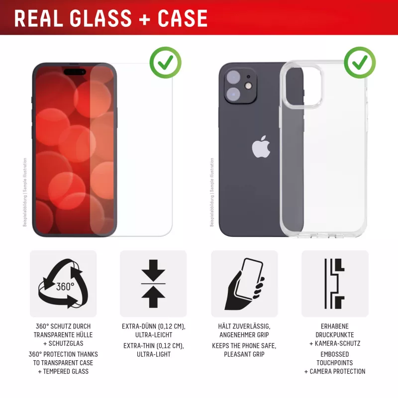 Ekrāna aizsargs un maciņš e.v.i. Displex priekš Apple iPhone 16e/17e, rūdīts stikls, caurspīdīgs, izturīgs pret skrāpējumiem