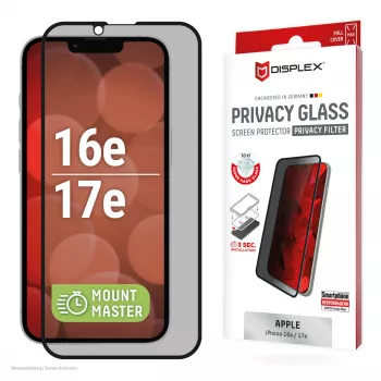 Privātuma rūdītā stikla ekrāna aizsargs e.v.i. Displex (10H) Apple iPhone 16e/17e ar privātuma filtru, triecienizturīgs un skrāpējumizturīgs