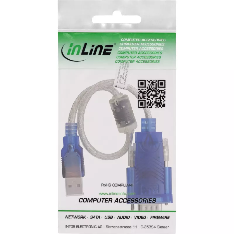 InLine 33304X USB–seriālā pieslēguma adaptera kabelis ar ferītu, USB-A uz 9 kontaktu Sub-D spraudni