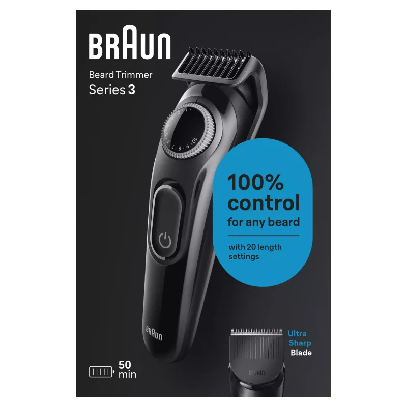 Braun BeardTrimmer 3 Beard Trm 3 BT3400, mazgājams, ar bateriju, melns