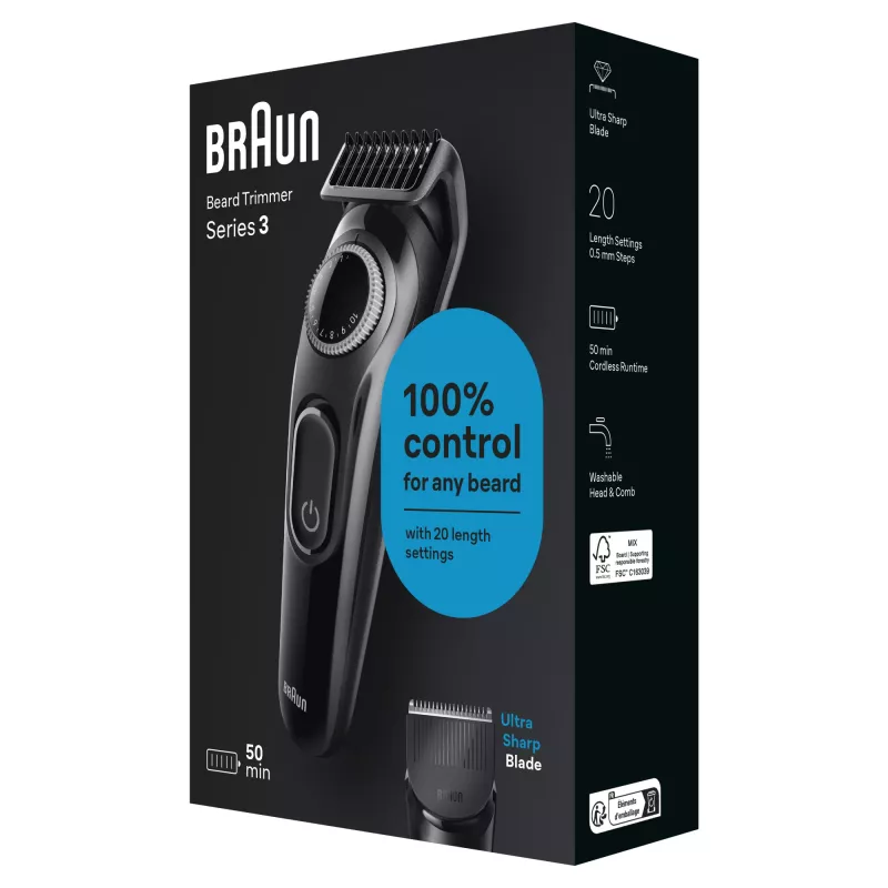 Braun BeardTrimmer 3 Beard Trm 3 BT3400, mazgājams, ar bateriju, melns