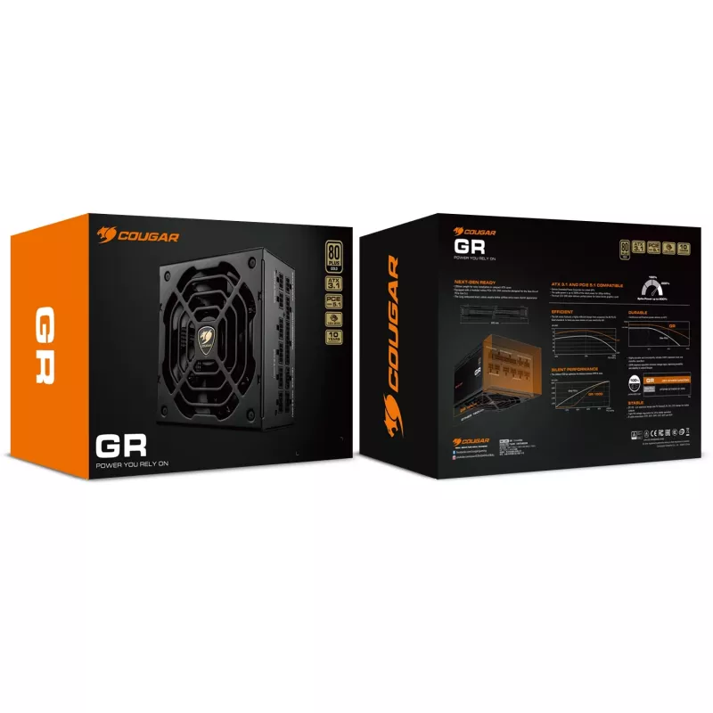 Barošanas bloks COUGAR GR 1000W ATX3.1 PCIE 5.1 80 PLUS Gold, 1000 W, 20+4 kontaktu ATX, 120 mm ventilators