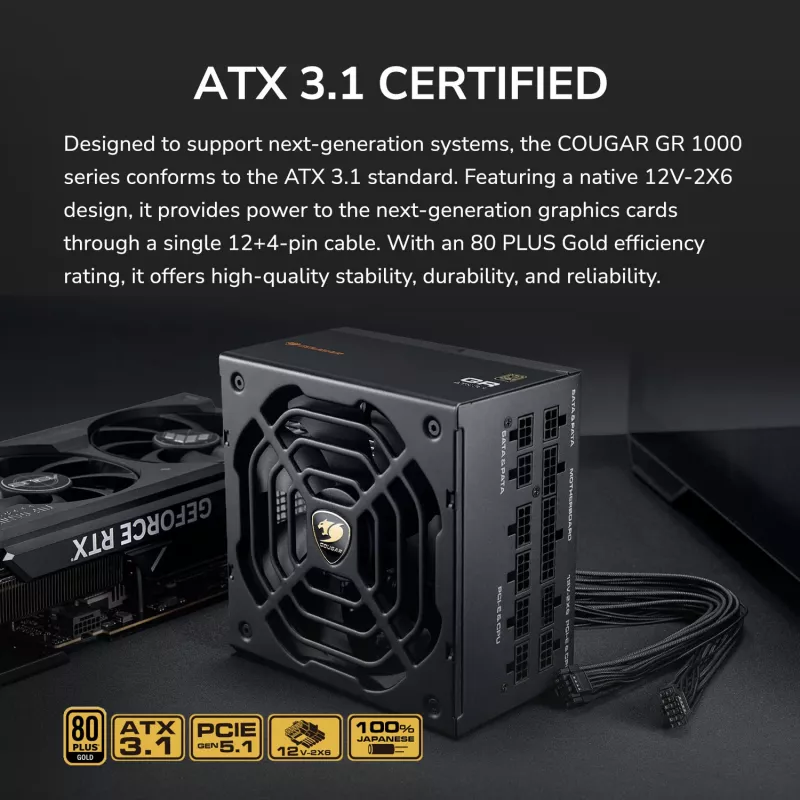 Barošanas bloks COUGAR GR 1000W ATX3.1 PCIE 5.1 80 PLUS Gold, 1000 W, 20+4 kontaktu ATX, 120 mm ventilators