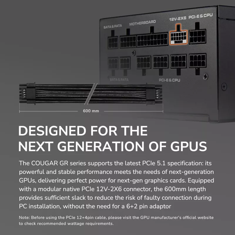 Barošanas bloks COUGAR GR 1000W ATX3.1 PCIE 5.1 80 PLUS Gold, 1000 W, 20+4 kontaktu ATX, 120 mm ventilators