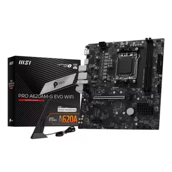 Mātesplate MSI Pro A620AM-G EVO WIFI — AMD A620A mikroshēmojums, Socket AM5, micro ATX, DDR5, 2 atmiņas sloti, Wi‑Fi 6E, 2,5Gb Ethernet