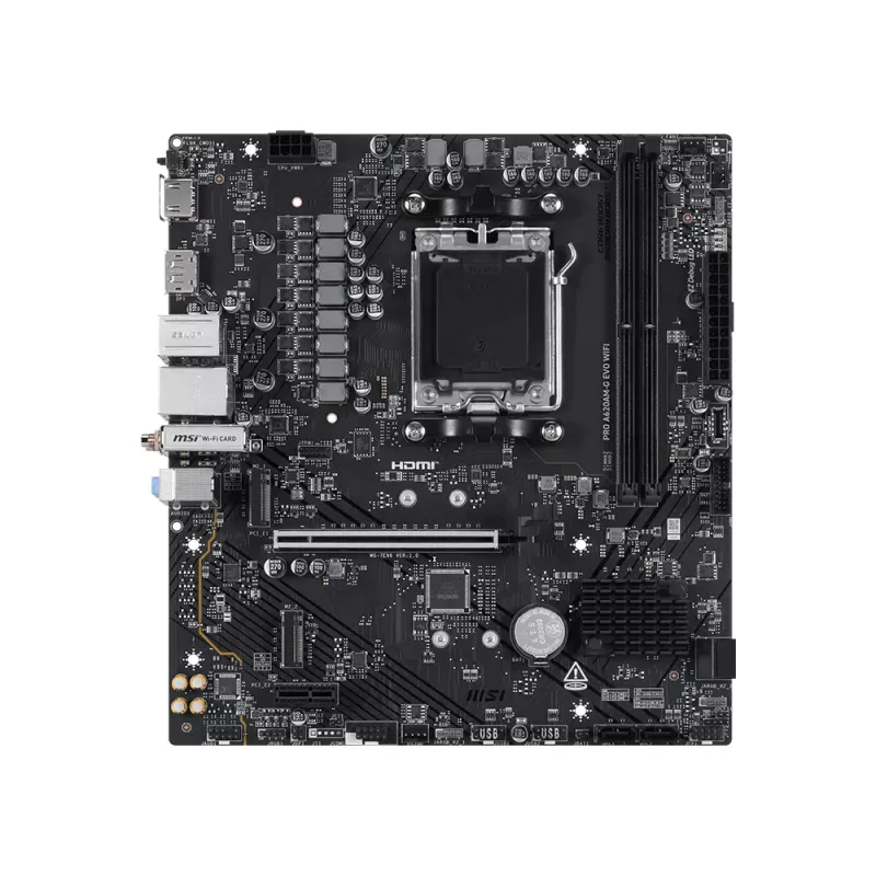 Mātesplate MSI Pro A620AM-G EVO WIFI — AMD A620A mikroshēmojums, Socket AM5, micro ATX, DDR5, 2 atmiņas sloti, Wi‑Fi 6E, 2,5Gb Ethernet