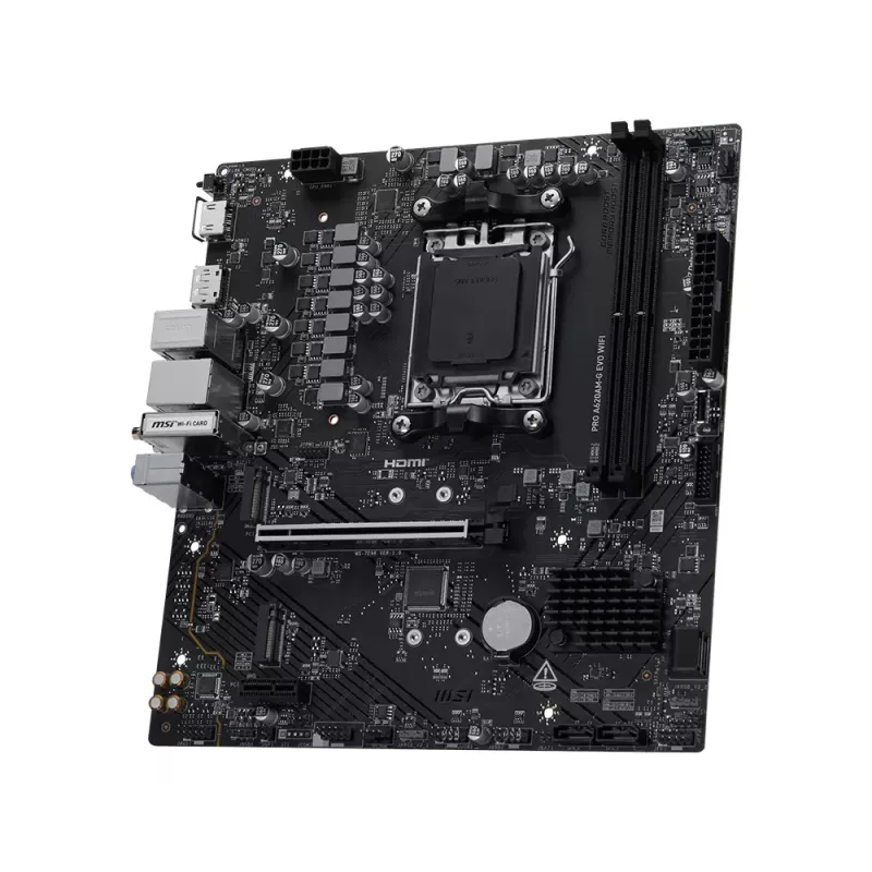Mātesplate MSI Pro A620AM-G EVO WIFI — AMD A620A mikroshēmojums, Socket AM5, micro ATX, DDR5, 2 atmiņas sloti, Wi‑Fi 6E, 2,5Gb Ethernet