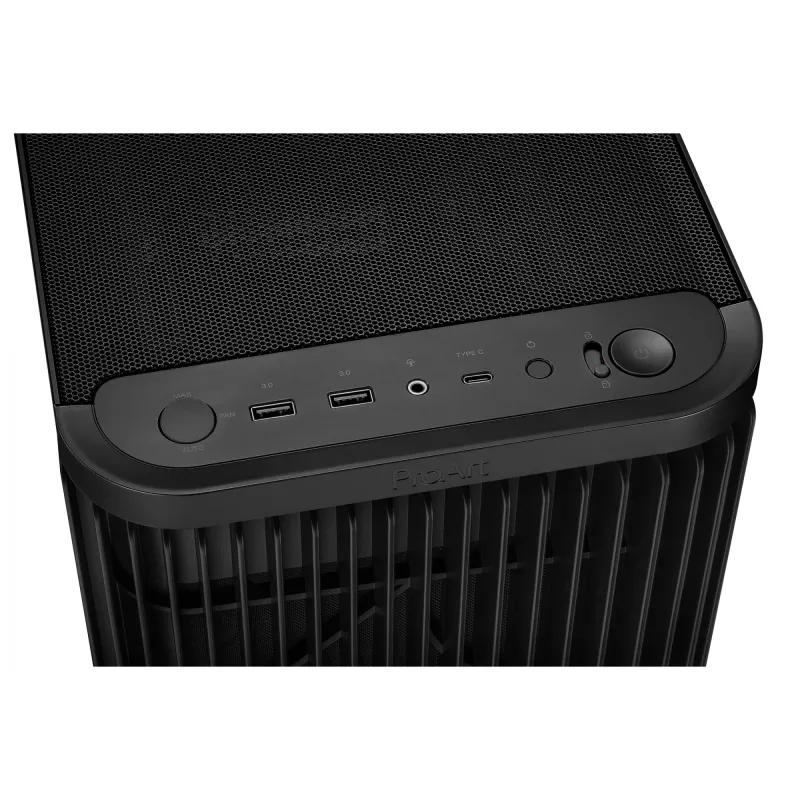 PC korpuss ASUS ProArt PA401 Mesh Panel melns, ATX, 2x160 mm priekšā, 1x120 mm aizmugurē, 2x3.5 collu + 2x2.5 collu, USB 3.2 Gen1