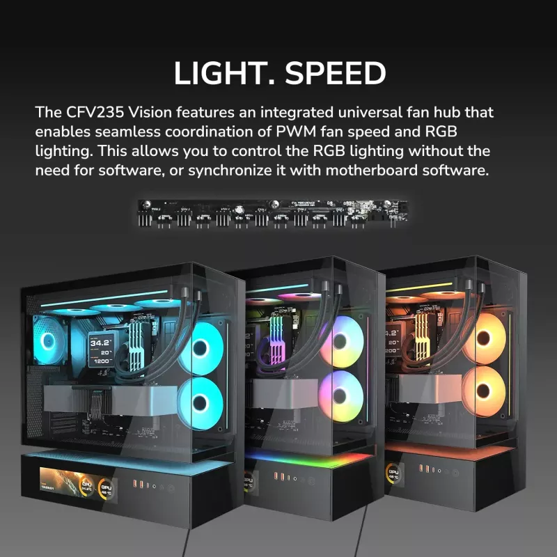 Cougar CFV235 Vision Midi Tower PC korpuss, ARGB, 9.16 collu LCD (1920×462), rūdīts stikls, melns