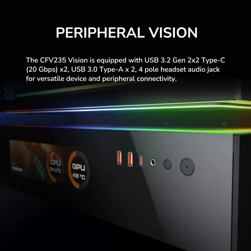 Cougar CFV235 Vision Midi Tower PC korpuss, ARGB, 9.16 collu LCD (1920×462), rūdīts stikls, melns
