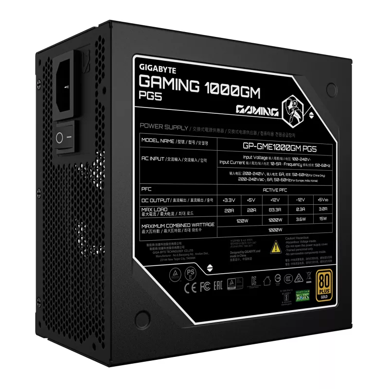 GIGABYTE GAMING 1000GM PG5 barošanas bloks - PCIe 5.1, 80 PLUS Gold, pilnībā modulāra konstrukcija, 135 mm ventilators, ATX 3.1 saderīgs, ES kontaktdakša