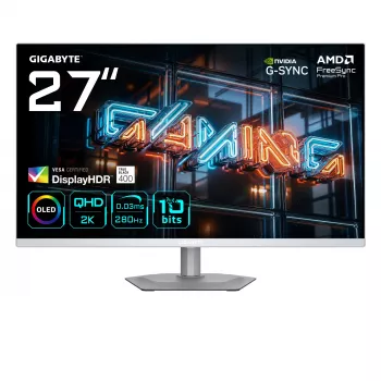 GIGABYTE MO27Q2A ICE 27 collu QD‑OLED spēļu monitors — 2560×1440, 280Hz, 0.03ms, 250 cd/m², HDMI 2.1, DisplayPort 1.4