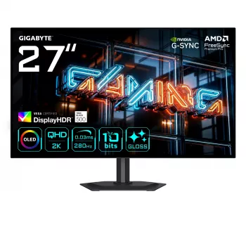 27 collu GIGABYTE MO27Q28GR WOLED QHD spēļu monitors — 2560×1440, 280 Hz, 0,03 ms, 335 cd/m², HDMI 2.1, DisplayPort 1.4