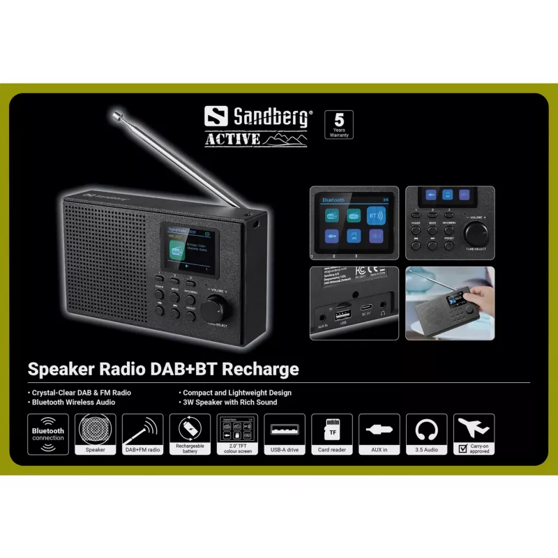 Sandberg Speaker Radio DAB+BT Recharge, Portatīvs, Analog & digital, DAB+, FM, 87.5 - 108 MHz, 174 - 240 MHz, 3 W