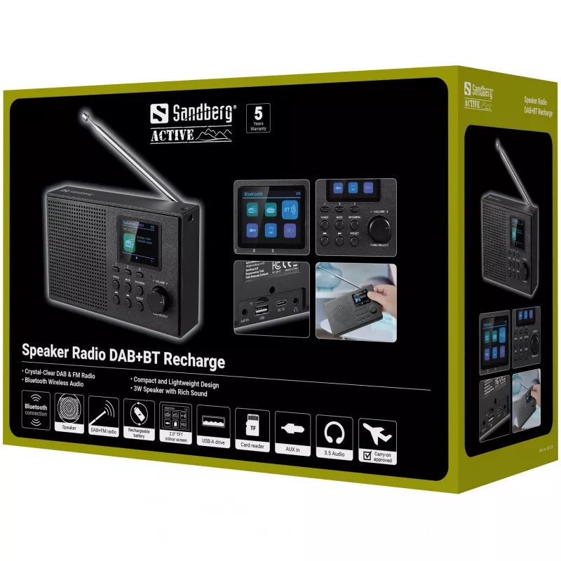 Sandberg Speaker Radio DAB+BT Recharge, Portatīvs, Analog & digital, DAB+, FM, 87.5 - 108 MHz, 174 - 240 MHz, 3 W