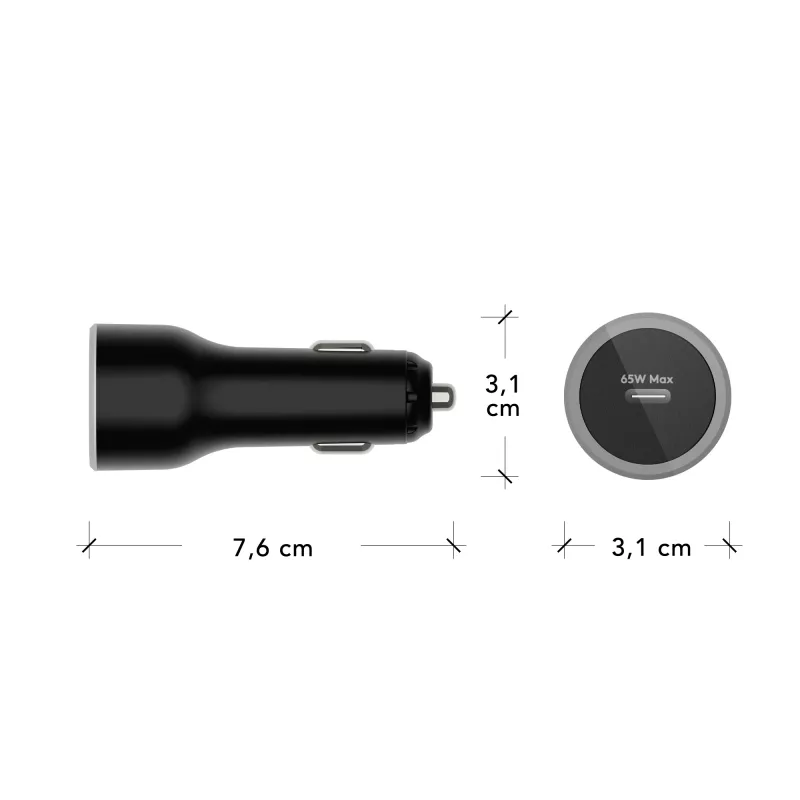 Auto lādētājs USB-C 65 W, d bramante re-charge — 12–24 V cigārlāktura ligzda, 1× USB-C, melns