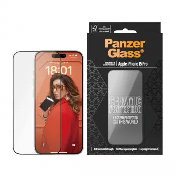 PanzerGlass® keramikas ekrāna aizsargs iPhone 15 Pro | īpaši plata pielāgošanās ar EasyAligner