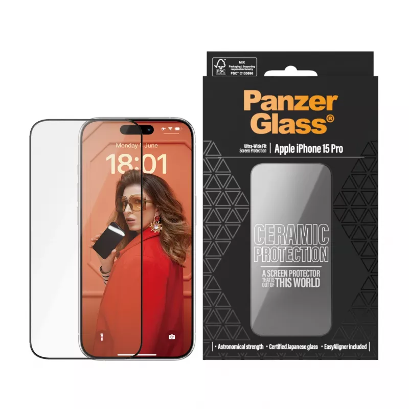 PanzerGlass® keramikas ekrāna aizsargs iPhone 15 Pro | īpaši plata pielāgošanās ar EasyAligner