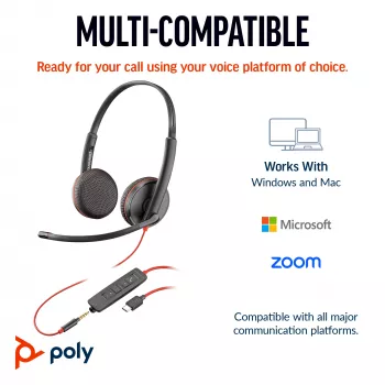 HP Poly Melnswire 3225 Stereo USB-C austiņas +3.5 mm spraudnis +USB-C/A adapteris (bez iepakojuma)