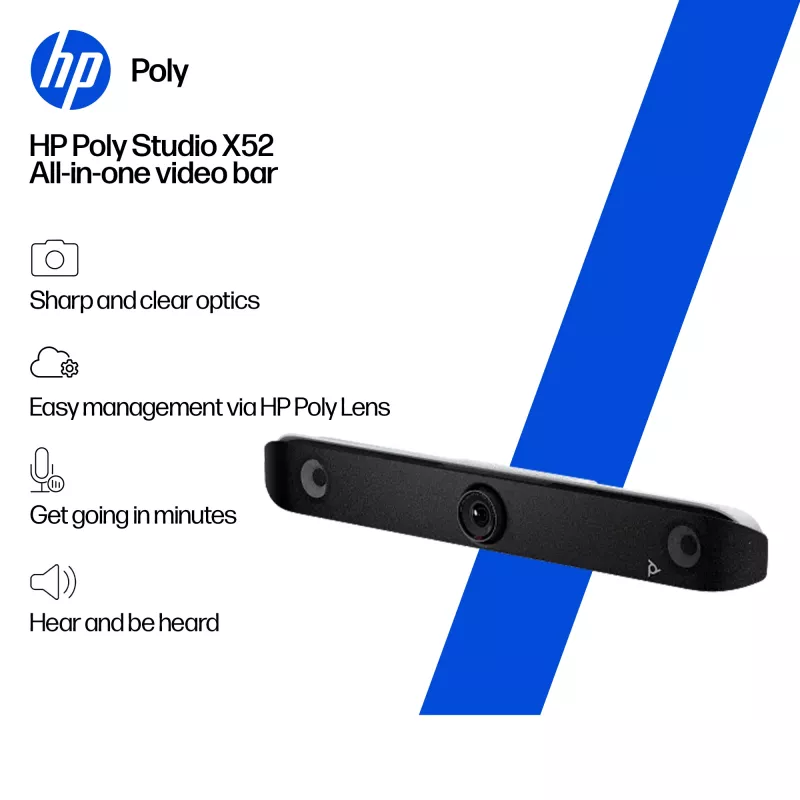 HP Poly Studio X52 universāla video konferenču josla, grupas video konferenču sistēma, 4K Ultra HD, 30 kadri/s, 95°, 5x, Android