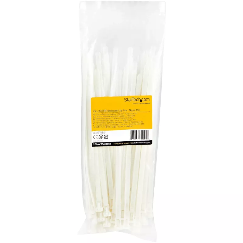 StarTech.com 10 collu (25 cm) atkārtoti lietojamas kabeļu saites - 1/4 collu (7 mm) platas, 2-1/2 collu (65 mm) saišķa diam., 50 mārciņu (22 kg) stiepes izturība, atvienojamas neilona saites, iekštelpām/ārtelpām, 94V-2/UL sarakstā iekļauts, 100 gab. iepakojums - Balta
