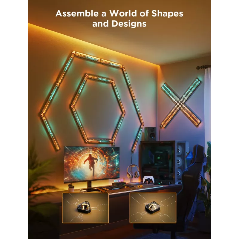 Smart Gaming Wall Light Expansion Kit Govee H10630A5 — 2 tubes ar square and triangle connectors, Wi‑Fi/Bluetooth, 36V input