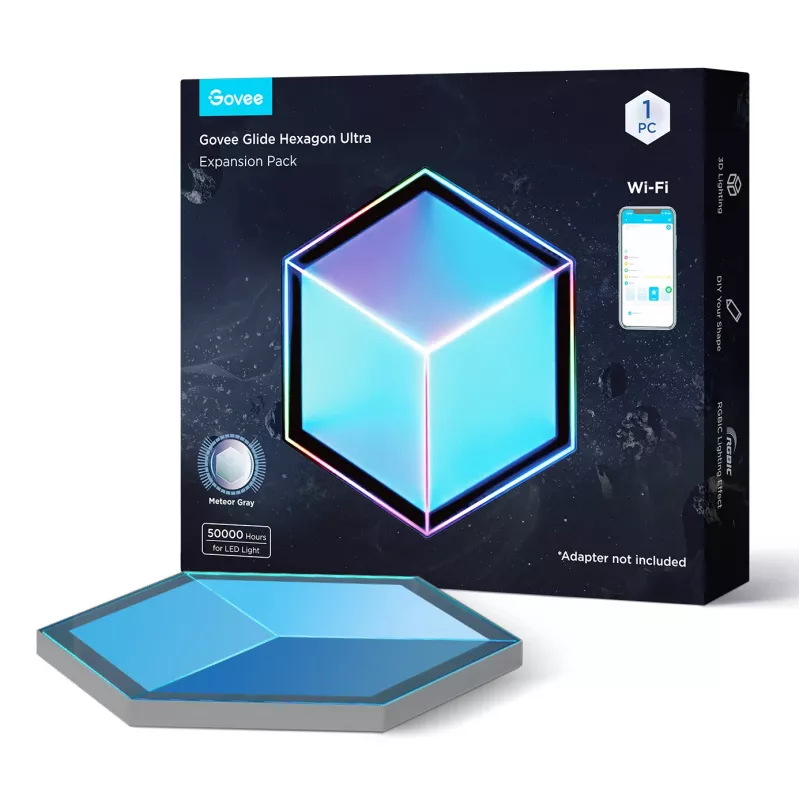 Viedā sienas gaisma Govee Glide Hexagon Light Panels Ultra paplašināšanas komplekts — Wi‑Fi/Bluetooth, 36 V ieeja, pelēka
