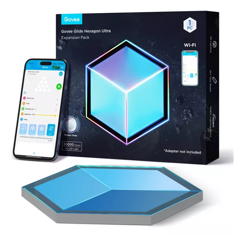 Viedā sienas gaisma Govee Glide Hexagon Light Panels Ultra paplašināšanas komplekts — Wi‑Fi/Bluetooth, 36 V ieeja, pelēka