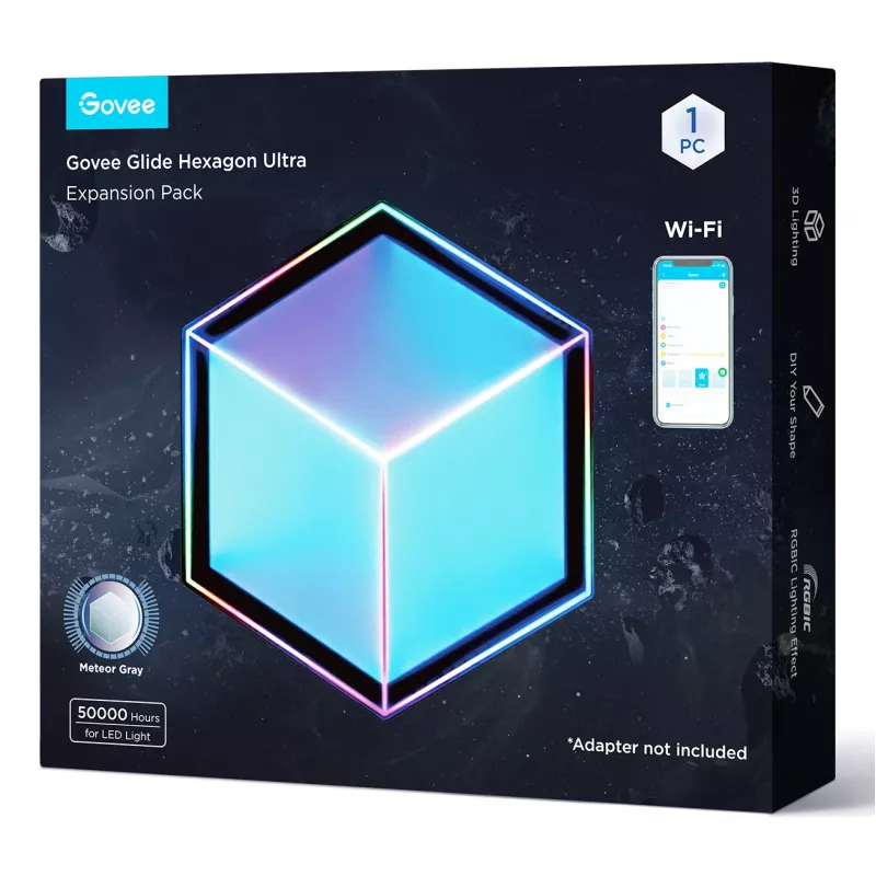 Viedā sienas gaisma Govee Glide Hexagon Light Panels Ultra paplašināšanas komplekts — Wi‑Fi/Bluetooth, 36 V ieeja, pelēka