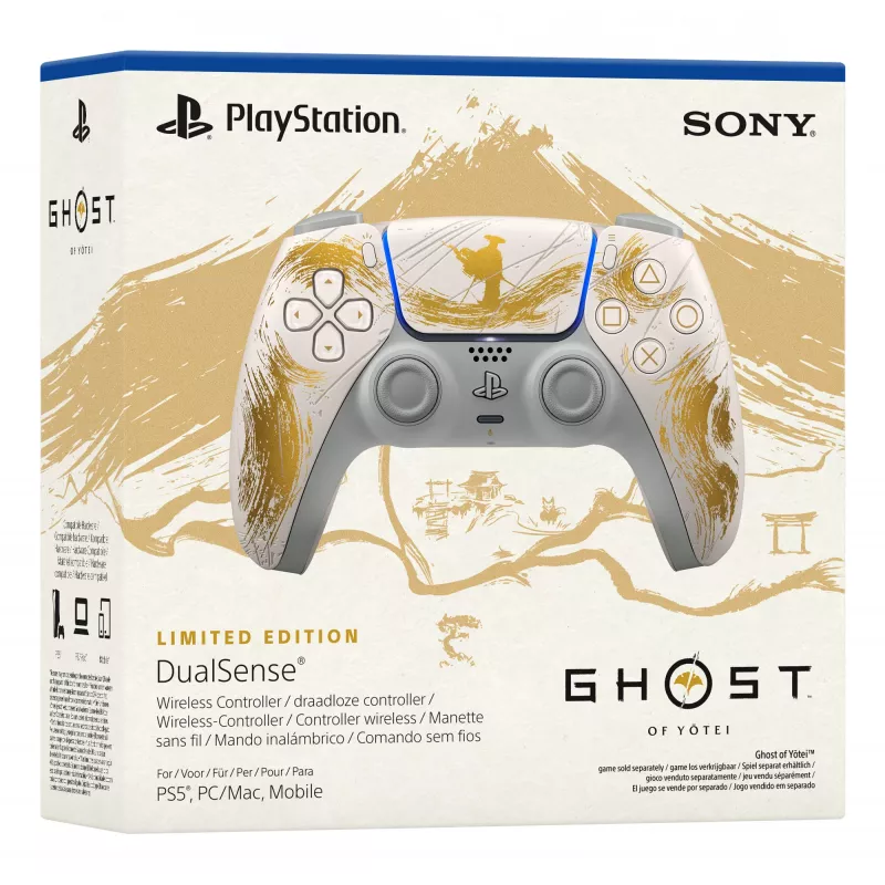 Sony DualSense bezvadu kontrolieris – Ghost of Yōtei zelta ierobežotā tirāža Zelts, Balts Bluetooth/USB spēļu kontrolieris Analogs / Ciparu Android, MAC, PC, PlayStation 5, iOS