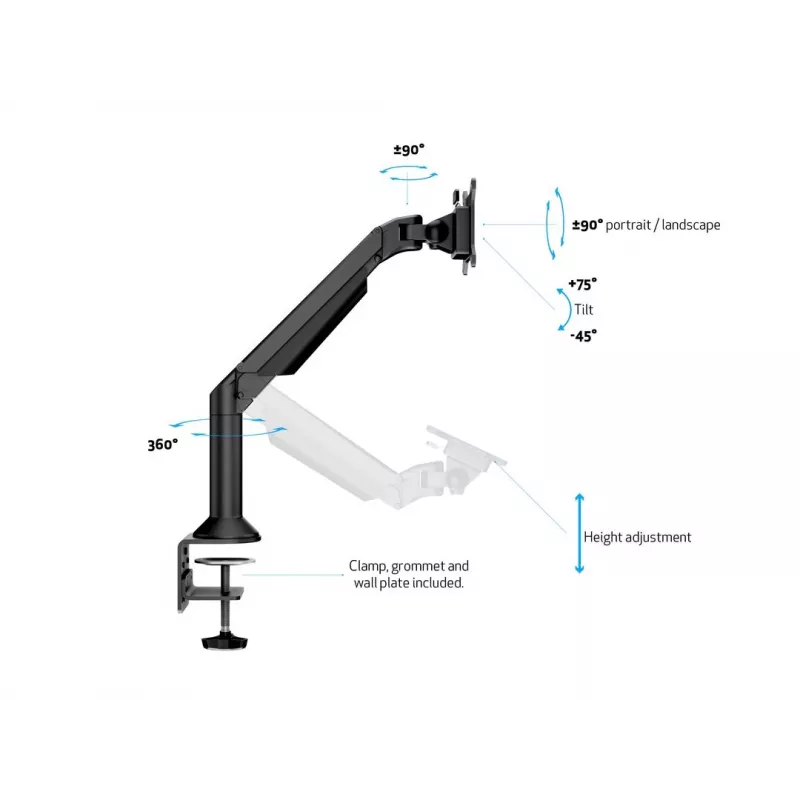 Multibrackets M VESA Gas Lift Arm galda vai sienas stiprinājums, pamata, melns, skava/caururbuma stiprinājums, 10 kg