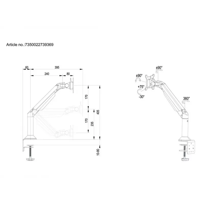Multibrackets M VESA Gas Lift Arm galda vai sienas stiprinājums, pamata, melns, skava/caururbuma stiprinājums, 10 kg