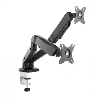 Manhattan Dual Desk Mount for TV & Monitors (Full Motion Spring), Ekrāniem no 10 collām līdz 27 collām, C-skavas vai starpsienas montāža, VESA saderība: 75x75 un 100x100mm - pārbaudiet četru montāžas caurumu izmērus ekrāna aizmugurē, lai pārliecinātos par atbilstību, Maks. 9kg (katrs), Kronšteins