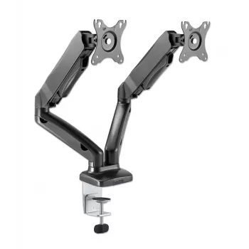 Manhattan Dual Desk Mount for TV & Monitors (Full Motion Spring), Ekrāniem no 10 collām līdz 27 collām, C-skavas vai starpsienas montāža, VESA saderība: 75x75 un 100x100mm - pārbaudiet četru montāžas caurumu izmērus ekrāna aizmugurē, lai pārliecinātos par atbilstību, Maks. 9kg (katrs), Kronšteins