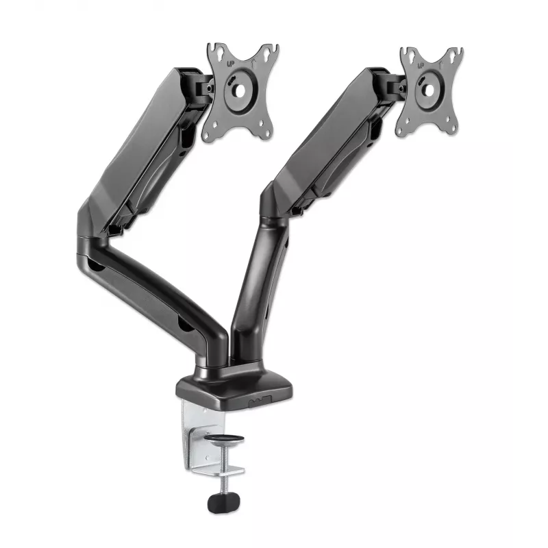 Manhattan Dual Desk Mount for TV & Monitors (Full Motion Spring), Ekrāniem no 10 collām līdz 27 collām, C-skavas vai starpsienas montāža, VESA saderība: 75x75 un 100x100mm - pārbaudiet četru montāžas caurumu izmērus ekrāna aizmugurē, lai pārliecinātos par atbilstību, Maks. 9kg (katrs), Kronšteins