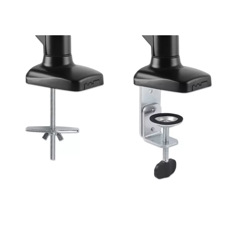 Manhattan Dual Desk Mount for TV & Monitors (Full Motion Spring), Ekrāniem no 10 collām līdz 27 collām, C-skavas vai starpsienas montāža, VESA saderība: 75x75 un 100x100mm - pārbaudiet četru montāžas caurumu izmērus ekrāna aizmugurē, lai pārliecinātos par atbilstību, Maks. 9kg (katrs), Kronšteins