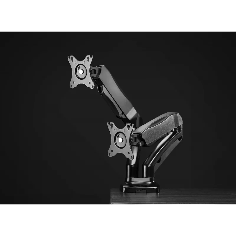 Manhattan Dual Desk Mount for TV & Monitors (Full Motion Spring), Ekrāniem no 10 collām līdz 27 collām, C-skavas vai starpsienas montāža, VESA saderība: 75x75 un 100x100mm - pārbaudiet četru montāžas caurumu izmērus ekrāna aizmugurē, lai pārliecinātos par atbilstību, Maks. 9kg (katrs), Kronšteins