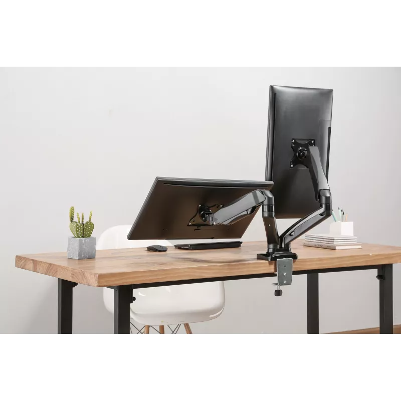 Manhattan Dual Desk Mount for TV & Monitors (Full Motion Spring), Ekrāniem no 10 collām līdz 27 collām, C-skavas vai starpsienas montāža, VESA saderība: 75x75 un 100x100mm - pārbaudiet četru montāžas caurumu izmērus ekrāna aizmugurē, lai pārliecinātos par atbilstību, Maks. 9kg (katrs), Kronšteins
