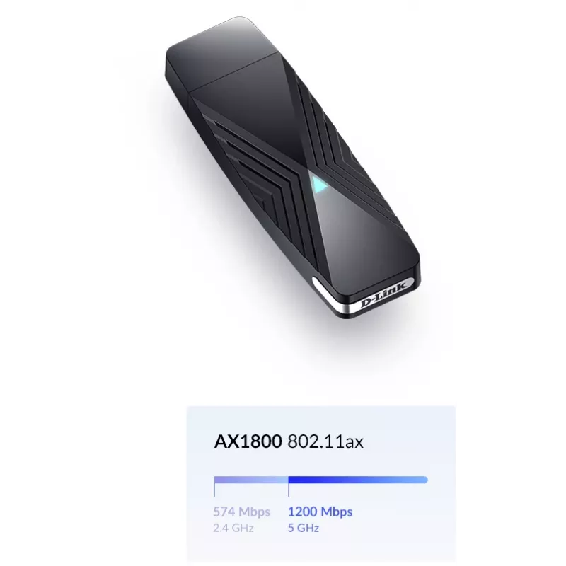D-Link AX1800 Wi-Fi USB adapteris, bezvadu, USB, WLAN, Wi-Fi 6 (802.11ax), 1800 Mbit/s, melns