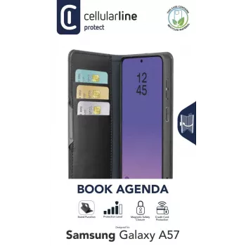Cellularline Book Agenda 2 - Galaxy A57 Grāmatveida mākslīgās ādas maciņš ar magnētisko aizdari, statīva funkciju un RFID/NFC aizsardzību bezkontakta kartēm.