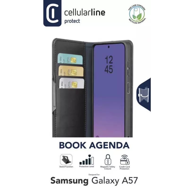Cellularline Book Agenda 2 - Galaxy A57 Grāmatveida mākslīgās ādas maciņš ar magnētisko aizdari, statīva funkciju un RFID/NFC aizsardzību bezkontakta kartēm.