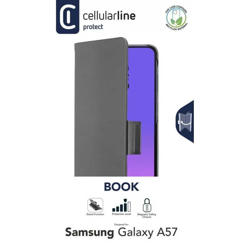 Cellularline Book - Galaxy A57 grāmatveida maciņš ar kartes kabatiņu, magnētisko aizdari un pilnu piekļuvi pogām un savienotājiem.