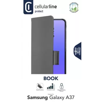 Cellularline BOOK 3 – Galaxy A37 grāmatveida maciņš ar magnētisku aizdari, kartes kabatiņu un vieglu kartes izņemšanu. Aizsargā tālruni, nebloķējot pogas un pieslēgvietas.