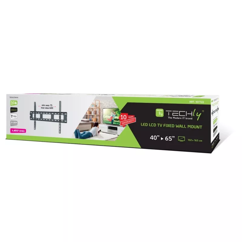 Techly sienas stiprinājums īpaši plāniem LED LCD televizoriem 40–65 inch, 101.6 cm (40 collas), 165.1 cm (65 collas), 100 x 100 mm, 600 x 400 mm, metāls, melns