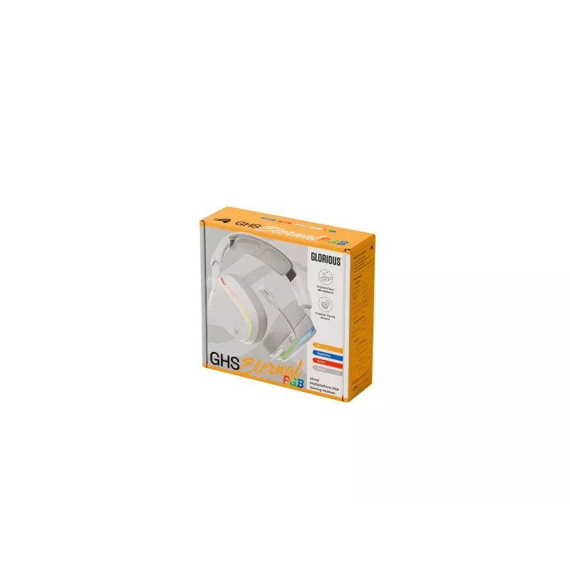 Glorious Gaming Glorious GHS Eternal RGB – stereo RGB spēļu austiņas datoram, PS5, PS4, Switch – īpaši noregulēti leņķotie draiveri, regulējams kristāldzidrs noņemams mikrofons, USB-C – izturīgas, komforts visai dienai/naktij – balta