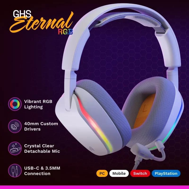 Glorious Gaming Glorious GHS Eternal RGB – stereo RGB spēļu austiņas datoram, PS5, PS4, Switch – īpaši noregulēti leņķotie draiveri, regulējams kristāldzidrs noņemams mikrofons, USB-C – izturīgas, komforts visai dienai/naktij – balta