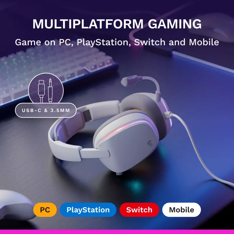 Glorious Gaming Glorious GHS Eternal RGB – stereo RGB spēļu austiņas datoram, PS5, PS4, Switch – īpaši noregulēti leņķotie draiveri, regulējams kristāldzidrs noņemams mikrofons, USB-C – izturīgas, komforts visai dienai/naktij – balta