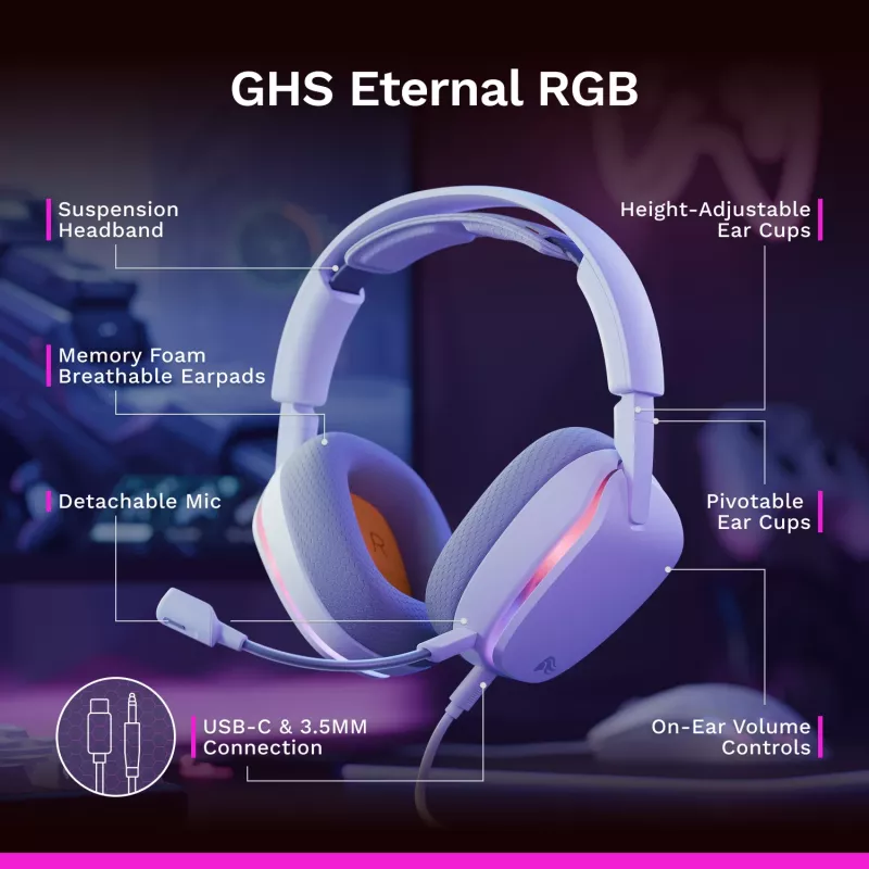 Glorious Gaming Glorious GHS Eternal RGB – stereo RGB spēļu austiņas datoram, PS5, PS4, Switch – īpaši noregulēti leņķotie draiveri, regulējams kristāldzidrs noņemams mikrofons, USB-C – izturīgas, komforts visai dienai/naktij – balta