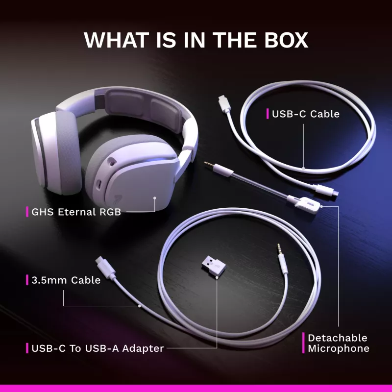 Glorious Gaming Glorious GHS Eternal RGB – stereo RGB spēļu austiņas datoram, PS5, PS4, Switch – īpaši noregulēti leņķotie draiveri, regulējams kristāldzidrs noņemams mikrofons, USB-C – izturīgas, komforts visai dienai/naktij – balta