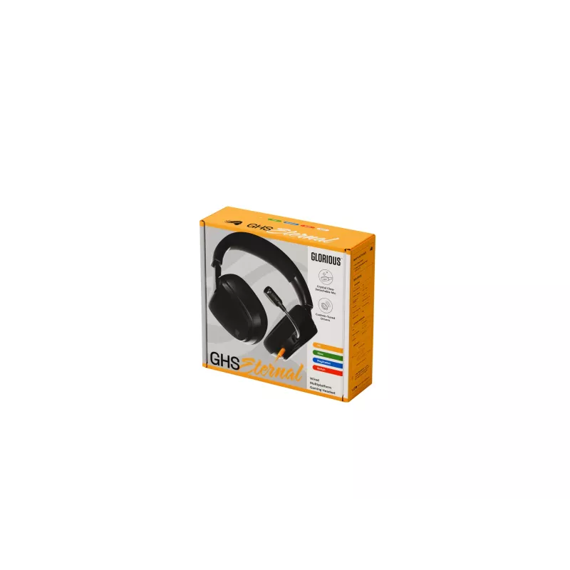 Glorious Gaming Glorious GHS Eternal - Stereo spēļu austiņas priekš PC, PS5, PS4, Xbox, Switch - Pielāgoti regulēti leņķveida draiveri, regulējams kristāldzidrs noņemams mikrofons, 3,5 mm - Izturīgas, komforts visai dienai/naktij - Melns